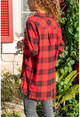 Kadın Kırmızı Yanı Düğmeli Püsküllü Ekose Kaşe Gömlek GK-AYN1793
