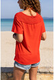 Kadın Kırmızı Yıkamalı Eteği Ve Omzu Fileli Yumuşak Dokulu Salaş T-Shirt GK-RSD2063