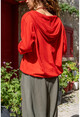 Kadın Kırmızı Yıkamalı Keten Fileli Yıldız Pullu Kapüşonlu Bluz GK-RSD2046