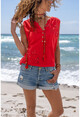 Kadın Kırmızı Yıkamalı Keten Nakışlı Cepli Yarım Pat Kolsuz Bluz GK-RSD2042