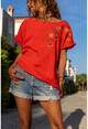 Womens Red Washed Linen Embroidered Loose Blouse RSD2071