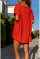 Kadın Kırmızı Yıkamalı Keten Nakışlı Salaş Bluz RSD2071