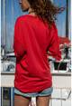 Kadın Kırmızı Yıkamalı Kolu Fileli Baskılı Salaş T-Shirt GK-RSD2045