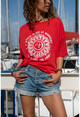 Womens Red Washed Sleeve Mesh Printed Loose T-Shirt GK-RSD2045