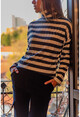 Womens Navy Blue Turtleneck Striped Blouse GK-BST30k2748