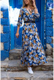 Womens Navy Blue Leaf Patterned Long Dress With Pleated Waist, Double Breasted Belt GK-TD1953