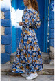 Womens Navy Blue Leaf Patterned Long Dress With Pleated Waist, Double Breasted Belt GK-TD1953