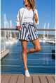 Womens Navy Blue Striped Loose Shorts with Elastic Waist Belt and Pockets GK-CM1100