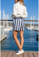 Womens Navy Blue Striped Loose Shorts with Elastic Waist Belt and Pockets GK-CM1100