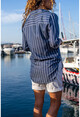 Womens Navy Blue-White Striped Loose Shirt BST51306