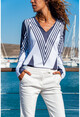 Womens Navy-White V-Neck Bias Striped Blouse GK-CCK60010