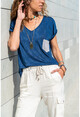 Womens Navy Blue Pocket Detailed V-Neck Blouse BST2186