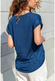 Womens Navy Blue Pocket Detailed V-Neck Blouse BST2186