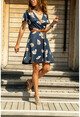 Kadın Lacivert Çiçekli Kruvaze Kiloş Elbise BSTK4133