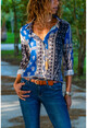 Womens Navy Blue Ethnic Patterned Shirt BST30kK4501