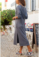 Womens Navy Blue Hooded Loose Dress With Pockets Slit GK-BST2936