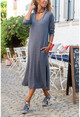 Kadın Lacivert Kapüşonlu Cepli Yırtmaçlı Salaş Elbise GK-BST2936