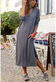 Womens Navy Blue Hooded Loose Dress With Pockets Slit GK-BST2936