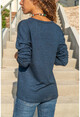 Kadın Lacivert Kendinden Desenli Düğmeli Salaş Bluz GK-BST2964