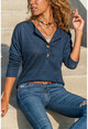 Kadın Lacivert Kendinden Desenli Düğmeli Salaş Bluz GK-BST2964