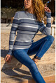 Womens Navy Blue Self Patterned Crew Neck Sweater GK-JR300