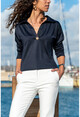 Womens Navy Blue Self-Textured Polo Neck Blouse GK-BST2821