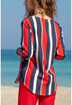 Kadın Lacivert-Kırmızı Yakası Yırtmaçlı Çizgili Krep Bluz GK-BST2841