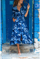Kadın Lacivert-Mavi Kendinden Kuşaklı Cepli Gömlek Elbise GK-GG341