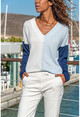 Womens Navy Blue-Blue V-Neck Block Loose Blouse GK-BST2938