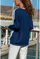 Womens Navy Blue-Blue V-Neck Block Loose Blouse GK-BST2938