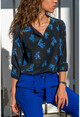 Kadın Lacivert-Mavi Yakası Yırtmaçlı Krep Bluz GK-BST2752