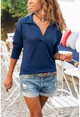 Womens Navy Blue Polo Neck Blouse GK-BST2940