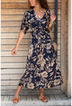 Womens Navy Blue V-Neck Pleated Waist Dress GK-TD411