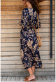 Kadın Lacivert V Yaka Beli Büzgülü Salaş Elbise GK-TD411