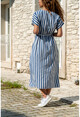 Womens Navy Blue V-Neck Striped Dress BSTH5021