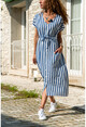 Womens Navy Blue V-Neck Striped Dress BSTH5021