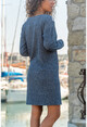 Kadın Lacivert V Yaka Garnili Kendinden Desenli Yün Elbise GK-BST2994