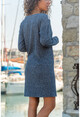 Womens Navy Blue V-Neck Garnish Self Patterned Wool Dress GK-BST2994