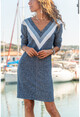 Womens Navy Blue V-Neck Garnish Self Patterned Wool Dress GK-BST2994
