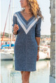 Womens Navy Blue V-Neck Garnish Self Patterned Wool Dress GK-BST2994