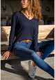 Womens Navy Blue V-Neck Slim Knitted Basic Sweater GK-JR225