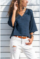 Womens Navy Blue V-Neck Self-Glittering Loose Blouse GK-BST2991