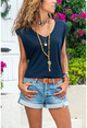 Womens Navy Blue Waisted V-Neck T-Shirt GK-GG334