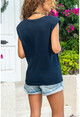 Womens Navy Blue Waisted V-Neck T-Shirt GK-GG334