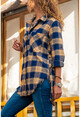 Womens Navy Blue Side Buttoned Tasseled Plaid Cachet Shirt GK-AYN1793