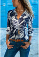 Womens Navy Blue Leaf Patterned Shirt BST30kT4013-1250