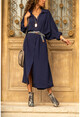 Womens Navy Blue Bat Sleeve Crepe Shirt Dress BST2032