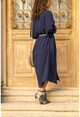 Kadın Lacivert Yarasa Kol Krep Gömlek Elbise BST2032