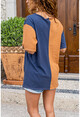 Kadın Lacivert Yıkamalı Yırtıklı Color Block Kaplan Baskılı T-Shirt GK-RSD2058