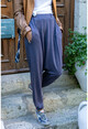 Kadın Mavi Beli Lastikli Cepli Yün Salaş Şalvar Pantolon GK-BST2992